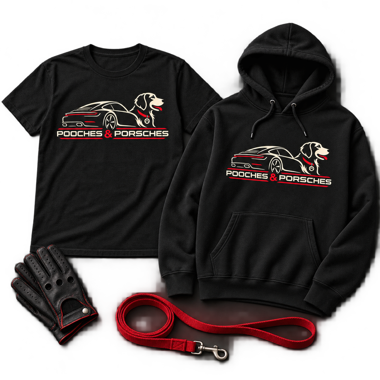 Black Pooches and Porsches T-shirt and hoodie with driving glove and red dog leash