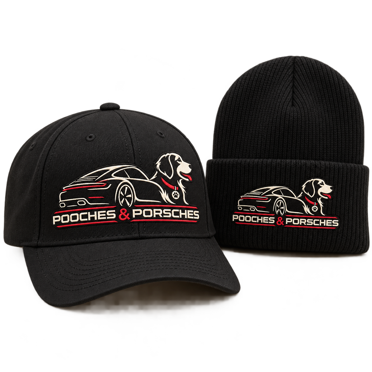Pooches and Porsches embroidered cap and black knit beanie